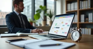 Advogado organizando agenda de trabalho com cronômetro e notebook sobre a mesa