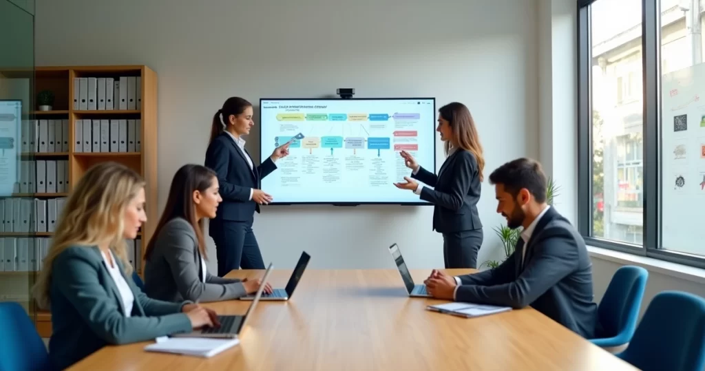 Equipe de advogados organizando processos internos em um escritório moderno