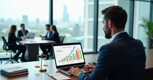 Advogado analisando gráficos de faturamento em escritório moderno de advocacia
