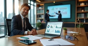 Advogado em escritório moderno analisando gráficos de gestão no notebook