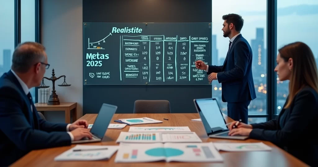 Sócios de escritório de advocacia analisando metas em reunião de planejamento