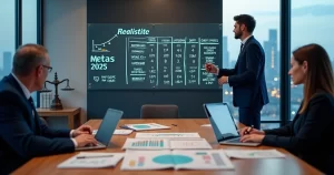 Sócios de escritório de advocacia analisando metas em reunião de planejamento